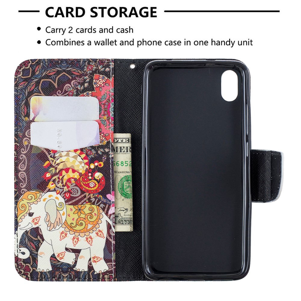 Pattern Printing Leather Wallet Stand Case for Xiaomi Redmi 7A - Flower and Elephant-6