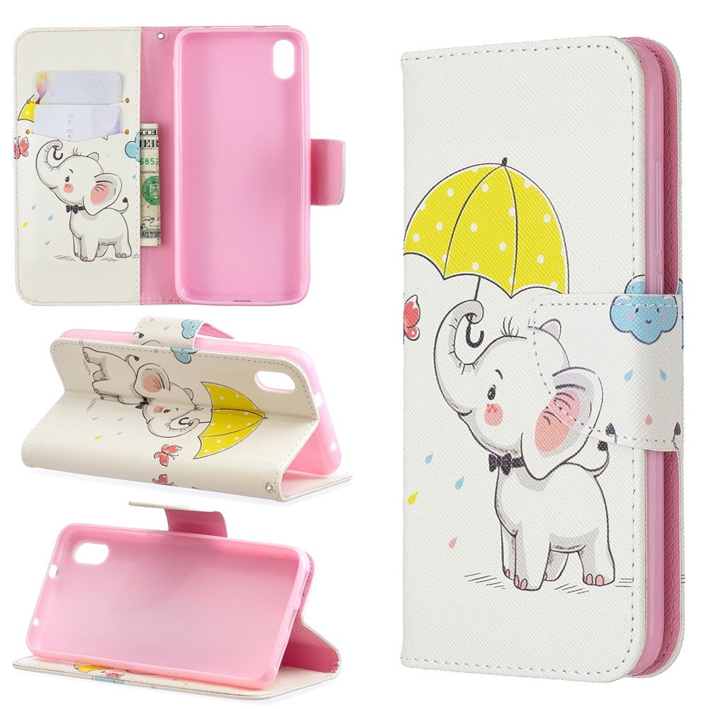 Pattern Printing Leather Wallet Stand Case for Xiaomi Redmi 7A - Elephant Holding an Umbrella-1