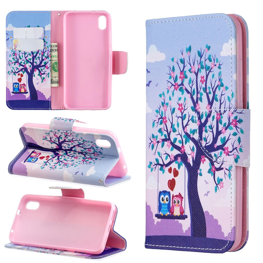 Pattern Printing Leather Wallet Case for Xiaomi Redmi 7A - Tree and Owls-1