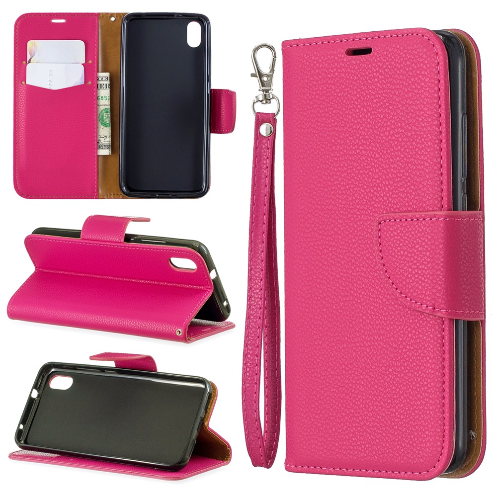 Litchi Texture Leather Wallet Stand Phone Cover with Strap for Xiaomi Redmi 7A - Rose-1