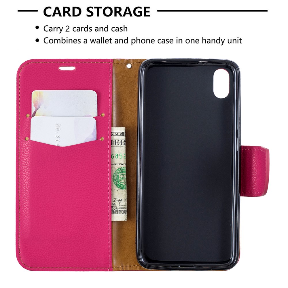 Litchi Texture Leather Wallet Stand Phone Cover with Strap for Xiaomi Redmi 7A - Rose-6