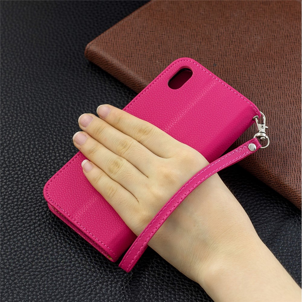 Litchi Texture Leather Wallet Stand Phone Cover with Strap for Xiaomi Redmi 7A - Rose-9