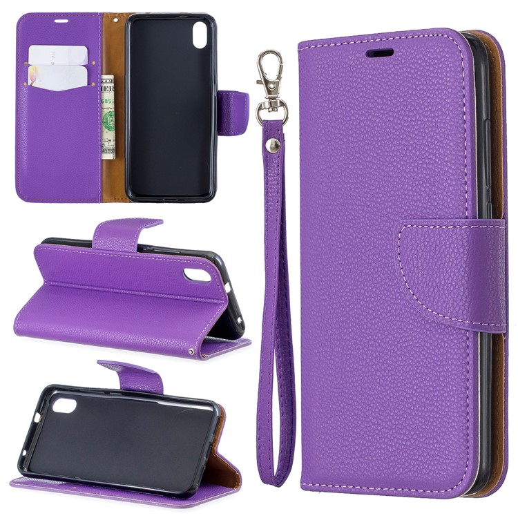 Litchi Texture Leather Wallet Stand Phone Cover with Strap for Xiaomi Redmi 7A - Purple-1
