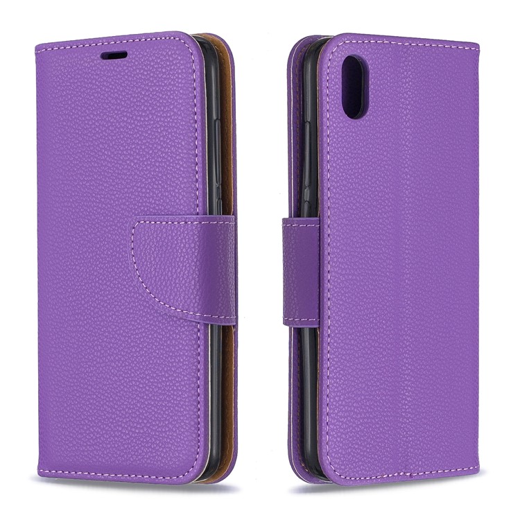 Litchi Texture Leather Wallet Stand Phone Cover with Strap for Xiaomi Redmi 7A - Purple-4