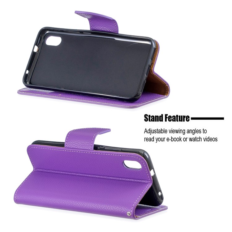 Litchi Texture Leather Wallet Stand Phone Cover with Strap for Xiaomi Redmi 7A - Purple-5