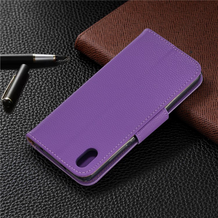 Litchi Texture Leather Wallet Stand Phone Cover with Strap for Xiaomi Redmi 7A - Purple-8