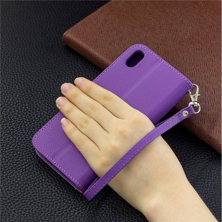 Litchi Texture Leather Wallet Stand Phone Cover with Strap for Xiaomi Redmi 7A - Purple-9