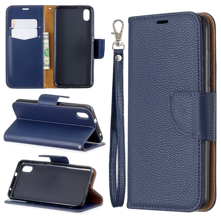 Litchi Texture Leather Wallet Stand Phone Cover with Strap for Xiaomi Redmi 7A - Dark Blue-1