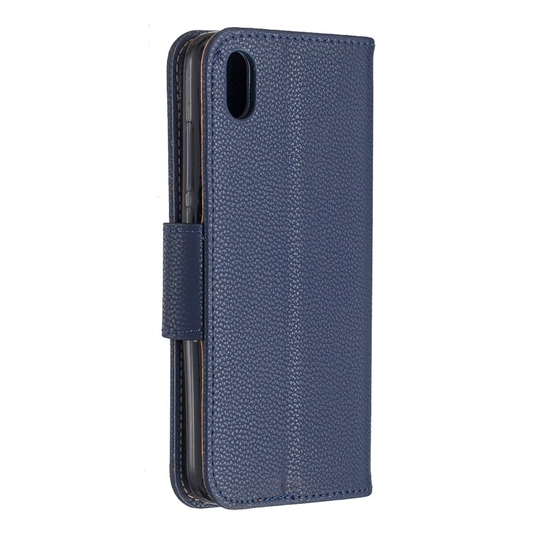 Litchi Texture Leather Wallet Stand Phone Cover with Strap for Xiaomi Redmi 7A - Dark Blue-3