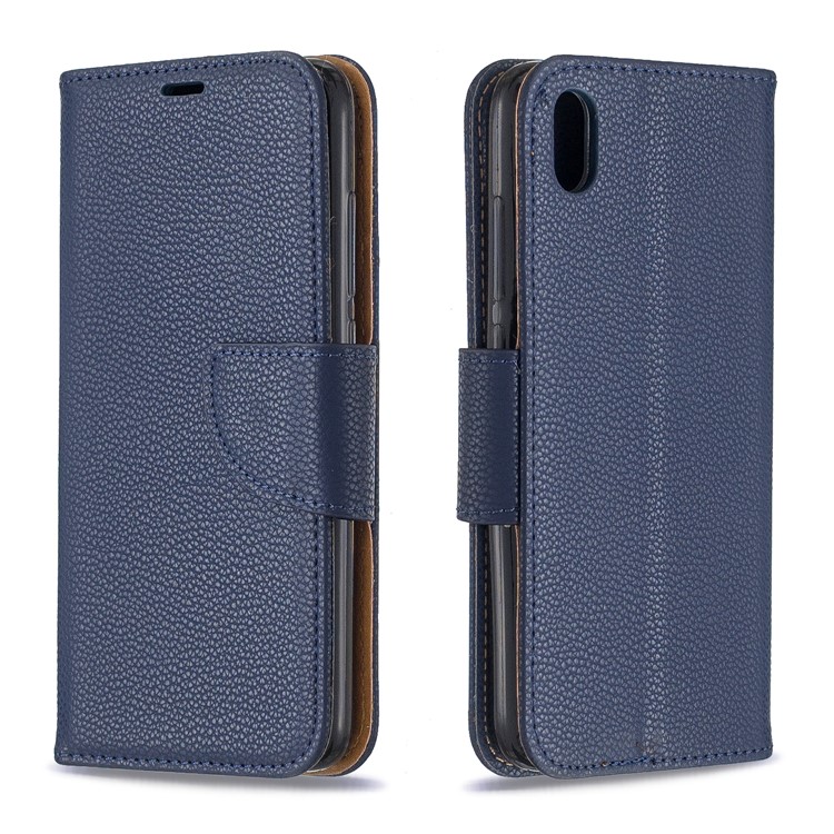 Litchi Texture Leather Wallet Stand Phone Cover with Strap for Xiaomi Redmi 7A - Dark Blue-4