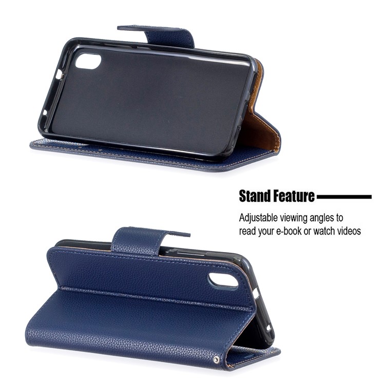 Litchi Texture Leather Wallet Stand Phone Cover with Strap for Xiaomi Redmi 7A - Dark Blue-5