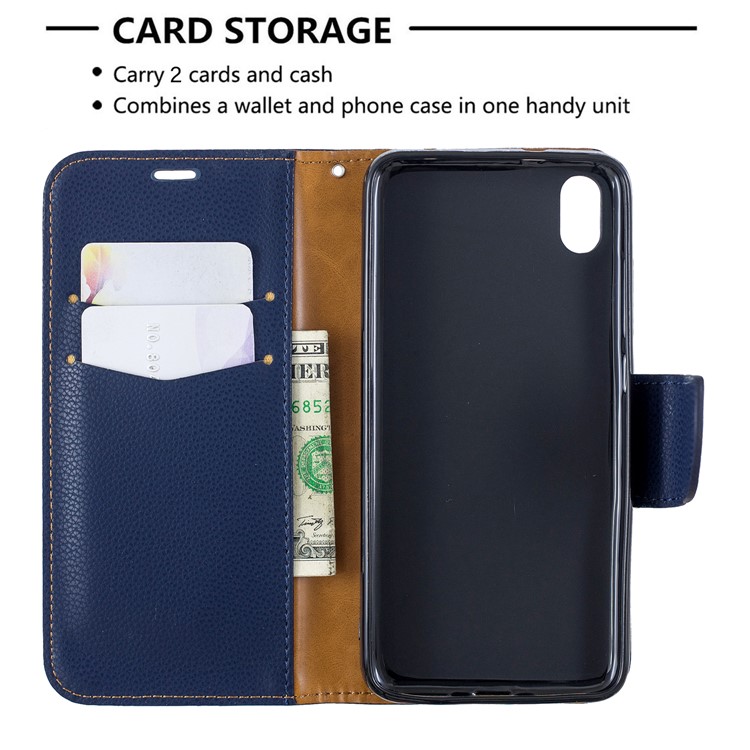 Litchi Texture Leather Wallet Stand Phone Cover with Strap for Xiaomi Redmi 7A - Dark Blue-6