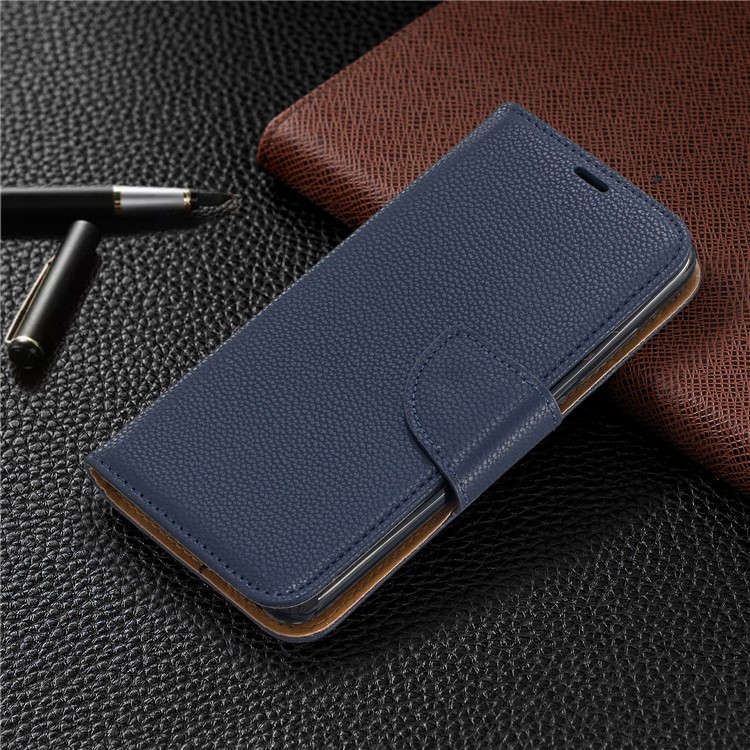 Litchi Texture Leather Wallet Stand Phone Cover with Strap for Xiaomi Redmi 7A - Dark Blue-7