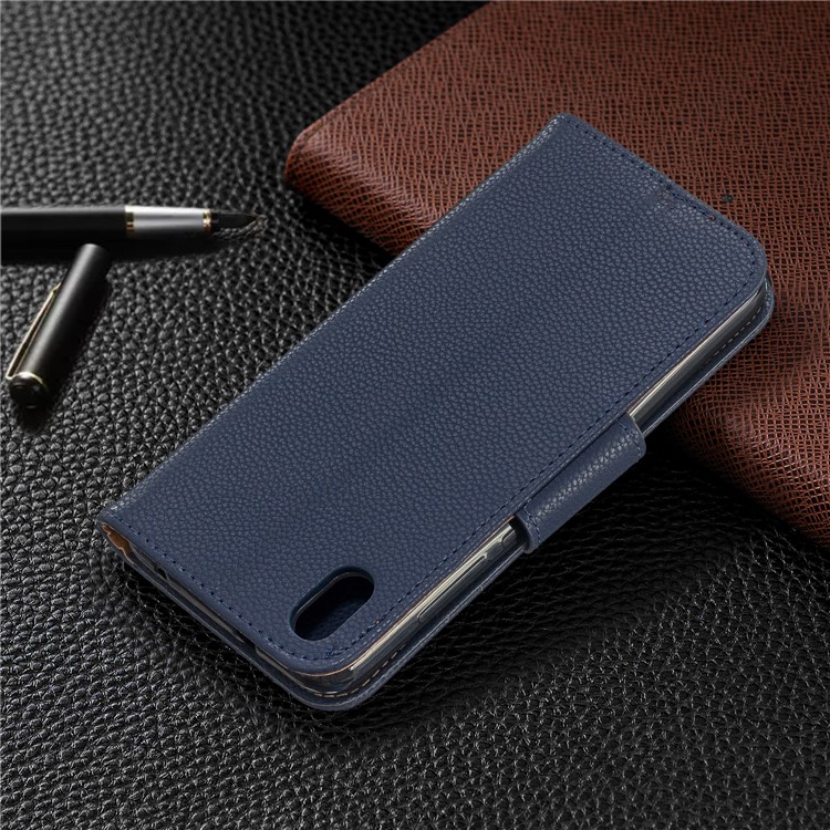 Litchi Texture Leather Wallet Stand Phone Cover with Strap for Xiaomi Redmi 7A - Dark Blue-8