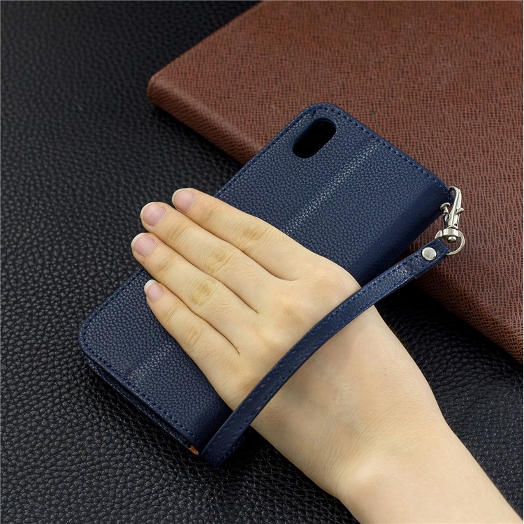 Litchi Texture Leather Wallet Stand Phone Cover with Strap for Xiaomi Redmi 7A - Dark Blue-9