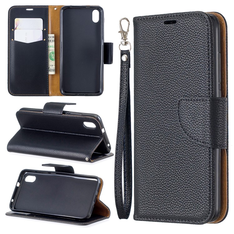 Litchi Texture Leather Wallet Stand Phone Cover with Strap for Xiaomi Redmi 7A - Black-1
