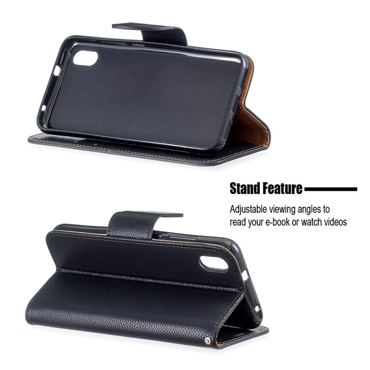 Litchi Texture Leather Wallet Stand Phone Cover with Strap for Xiaomi Redmi 7A - Black-5