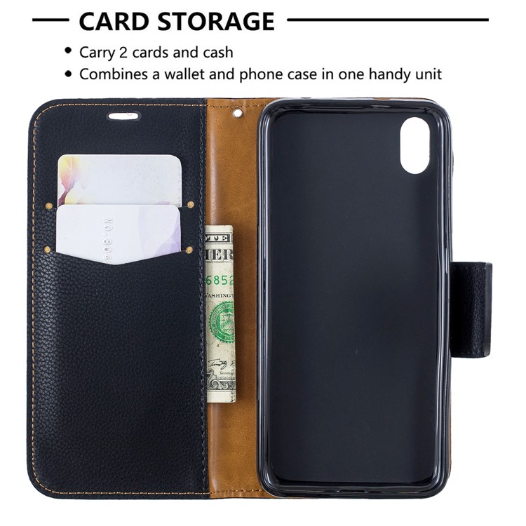 Litchi Texture Leather Wallet Stand Phone Cover with Strap for Xiaomi Redmi 7A - Black-6