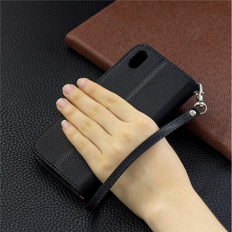 Litchi Texture Leather Wallet Stand Phone Cover with Strap for Xiaomi Redmi 7A - Black-9