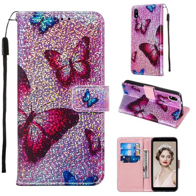 Printing Surface Glitter Sequins Leather Wallet Phone Cover for Xiaomi Redmi 7A - Butterfly-3