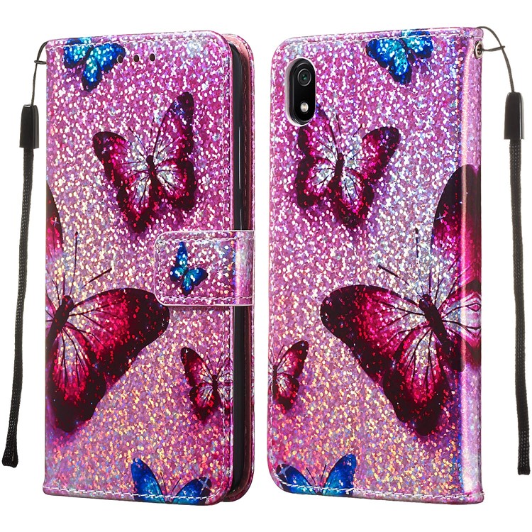 Printing Surface Glitter Sequins Leather Wallet Phone Cover for Xiaomi Redmi 7A - Butterfly-4