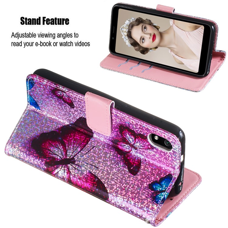 Printing Surface Glitter Sequins Leather Wallet Phone Cover for Xiaomi Redmi 7A - Butterfly-5