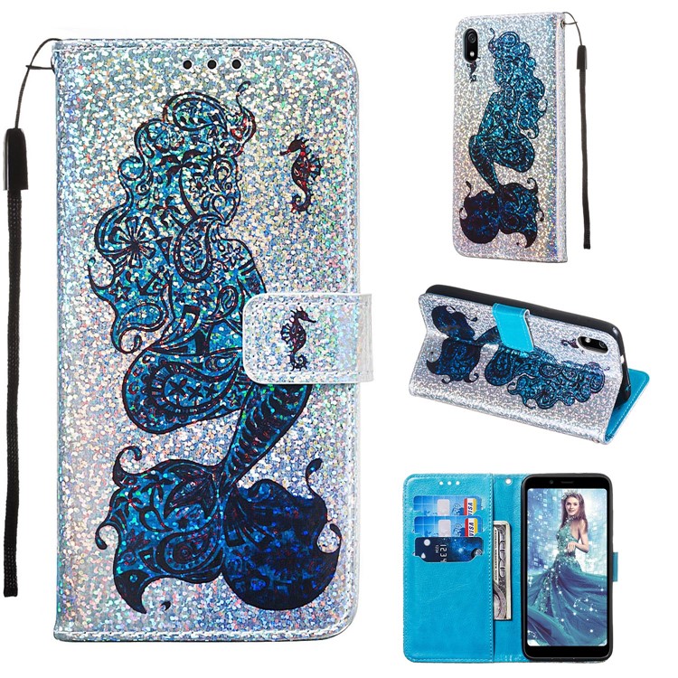 Printing Surface Glitter Sequins Leather Wallet Phone Cover for Xiaomi Redmi 7A - Mermaid-3