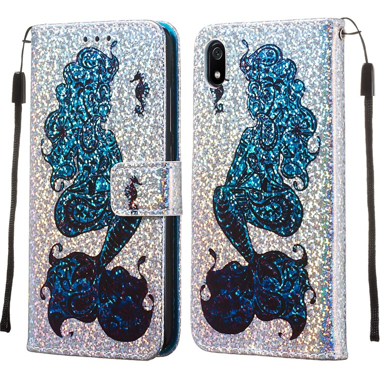 Printing Surface Glitter Sequins Leather Wallet Phone Cover for Xiaomi Redmi 7A - Mermaid-4