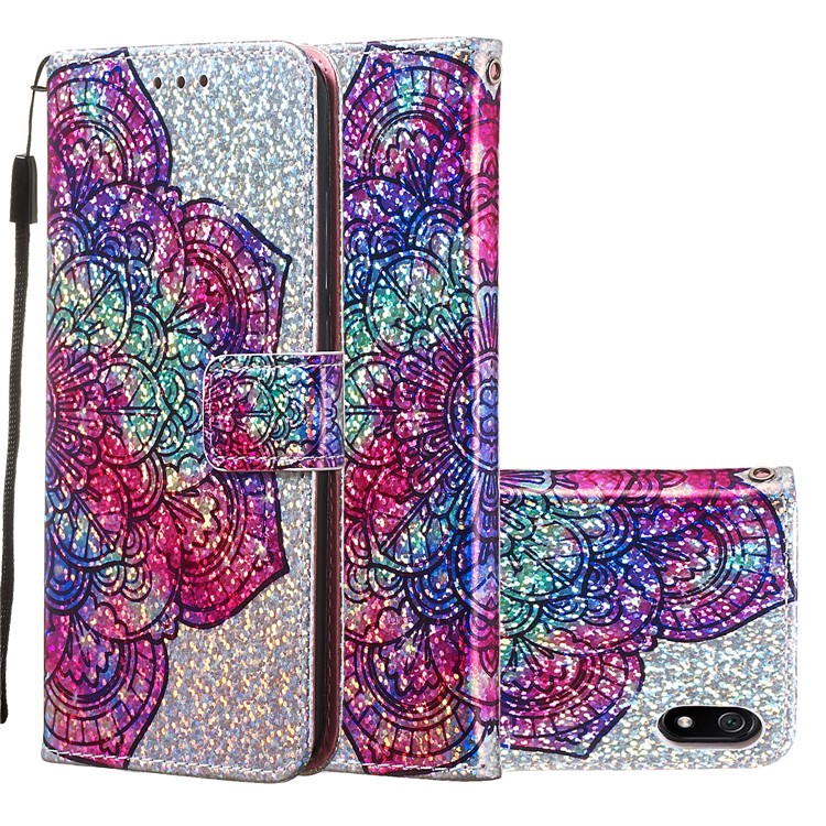 Printing Surface Glitter Sequins Leather Wallet Phone Cover for Xiaomi Redmi 7A - Mandala Flower-1