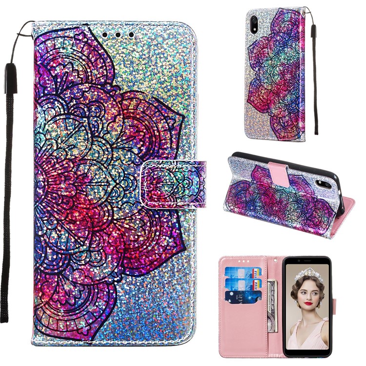 Printing Surface Glitter Sequins Leather Wallet Phone Cover for Xiaomi Redmi 7A - Mandala Flower-3