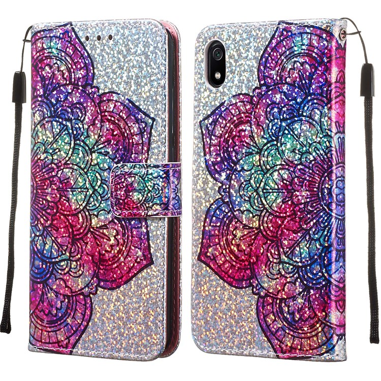 Printing Surface Glitter Sequins Leather Wallet Phone Cover for Xiaomi Redmi 7A - Mandala Flower-4
