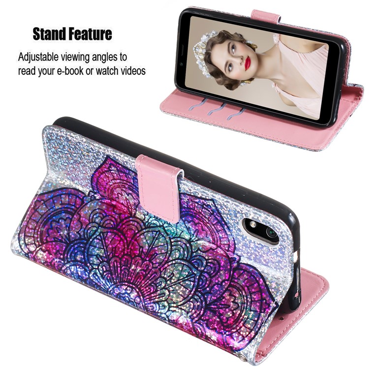 Printing Surface Glitter Sequins Leather Wallet Phone Cover for Xiaomi Redmi 7A - Mandala Flower-5