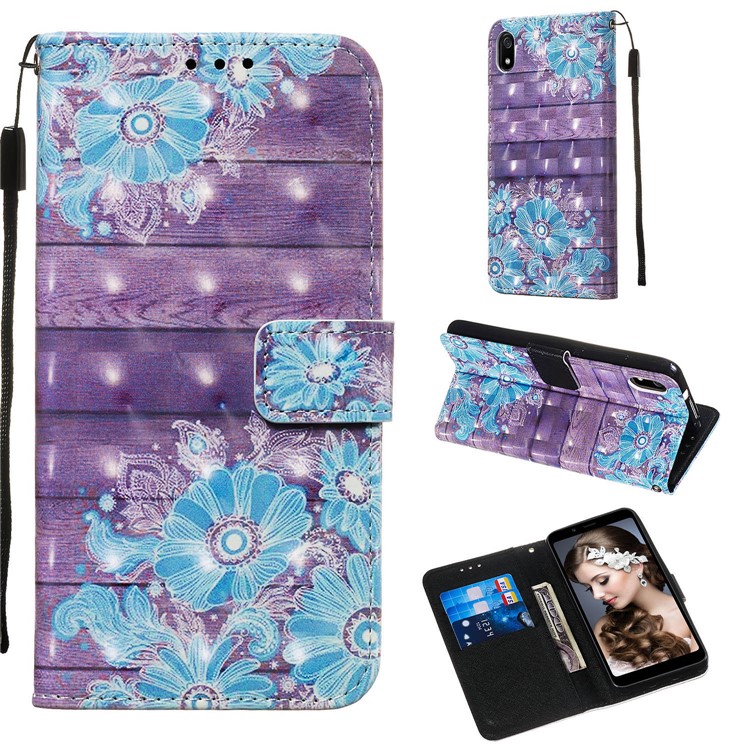 3D Printing Style Leather Phone Shell with Wallet Slot for Xiaomi Redmi 7A - Blue Flowers-2