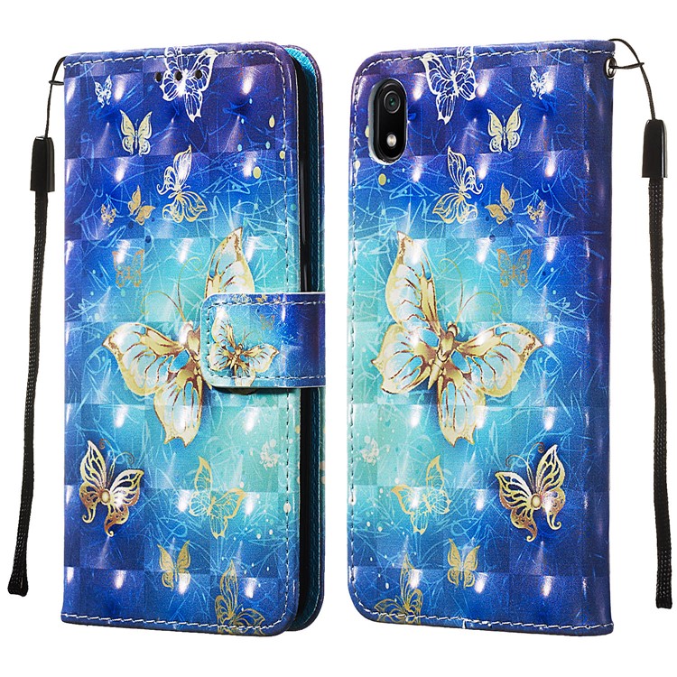 Shell de Téléphone en Cuir de Style D'impression 3D Avec Fente de Portefeuille Pour Xiaomi Redmi 7A - Papillon or et Bleu-4