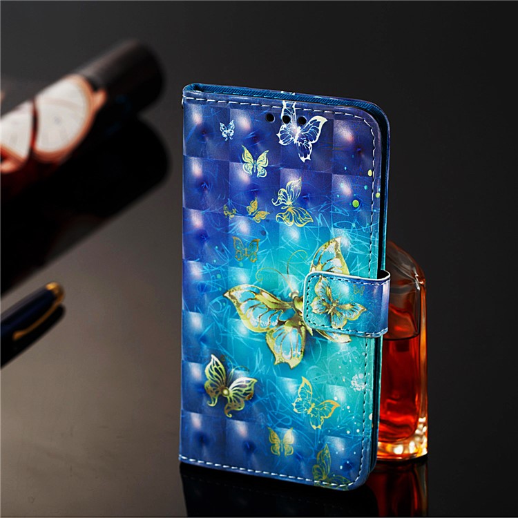 3D -druckstil Leder -telefonschale Mit Brieftaschenschlitz Für Xiaomi Redmi 7a - Gold- Und Blau -schmetterling