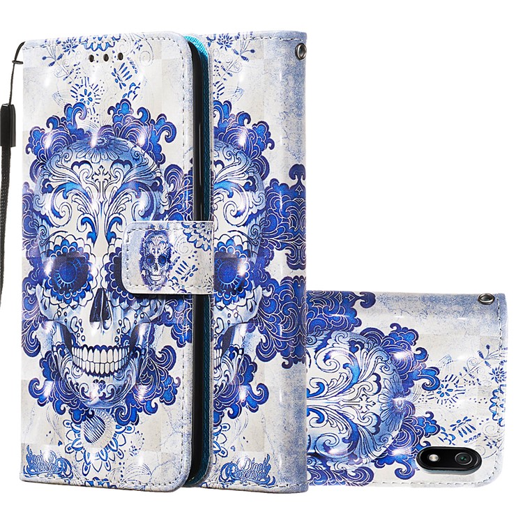 3D Printing Style Leather Phone Shell with Wallet Slot for Xiaomi Redmi 7A - Flowered Skull-1