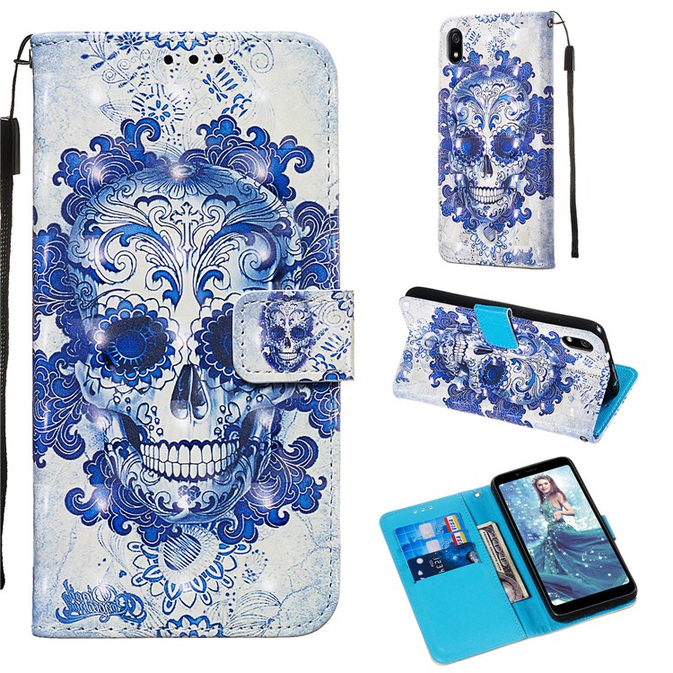 3D Printing Style Leather Phone Shell with Wallet Slot for Xiaomi Redmi 7A - Flowered Skull-2