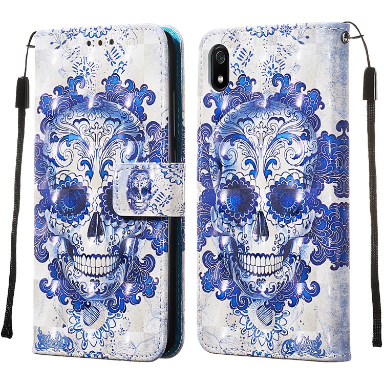 3D Printing Style Leather Phone Shell with Wallet Slot for Xiaomi Redmi 7A - Flowered Skull-4