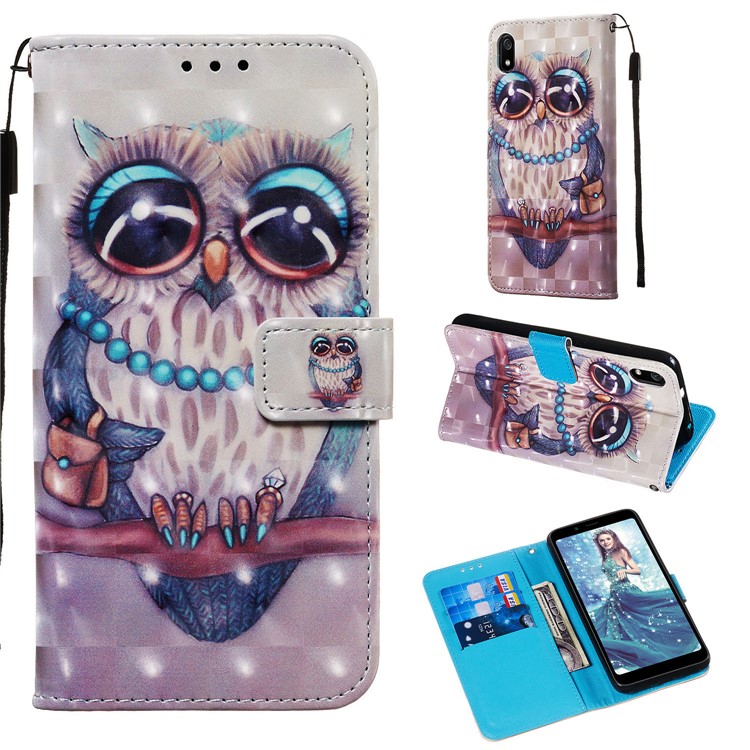 3D Printing Style Leather Phone Shell with Wallet Slot for Xiaomi Redmi 7A - Owl-2