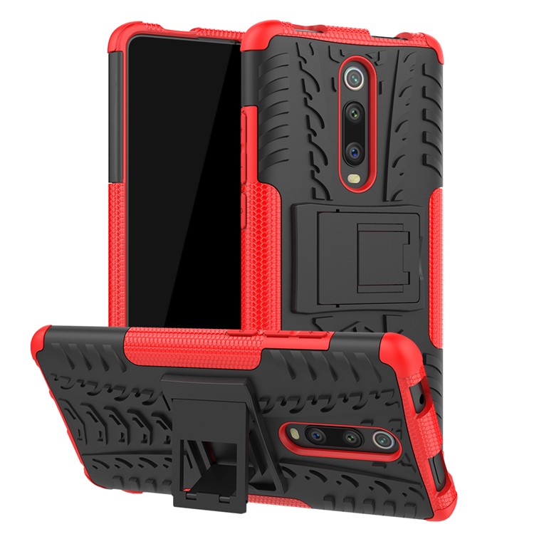 Tyre Pattern PC TPU Hybrid Back Case with Kickstand for Xiaomi Redmi K20/Mi 9T/K20 Pro/Mi 9 Pro - Red-1