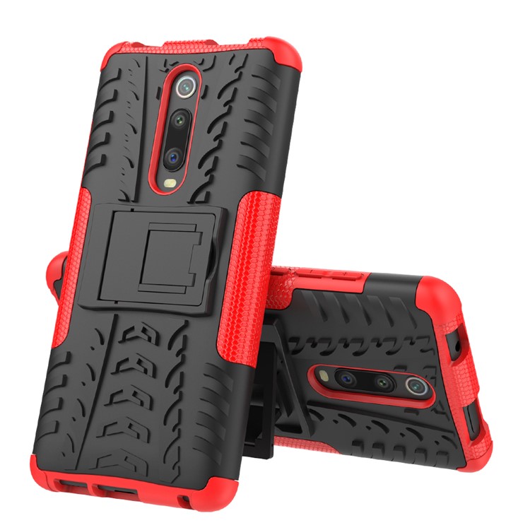 Tyre Pattern PC TPU Hybrid Back Case with Kickstand for Xiaomi Redmi K20/Mi 9T/K20 Pro/Mi 9 Pro - Red-2