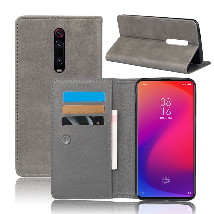 KSQ Sucker Closure Crazy Horse Leather Wallet Case for Xiaomi Redmi K20 / Mi 9T / Redmi K20 Pro / Mi 9T Pro - Grey-1