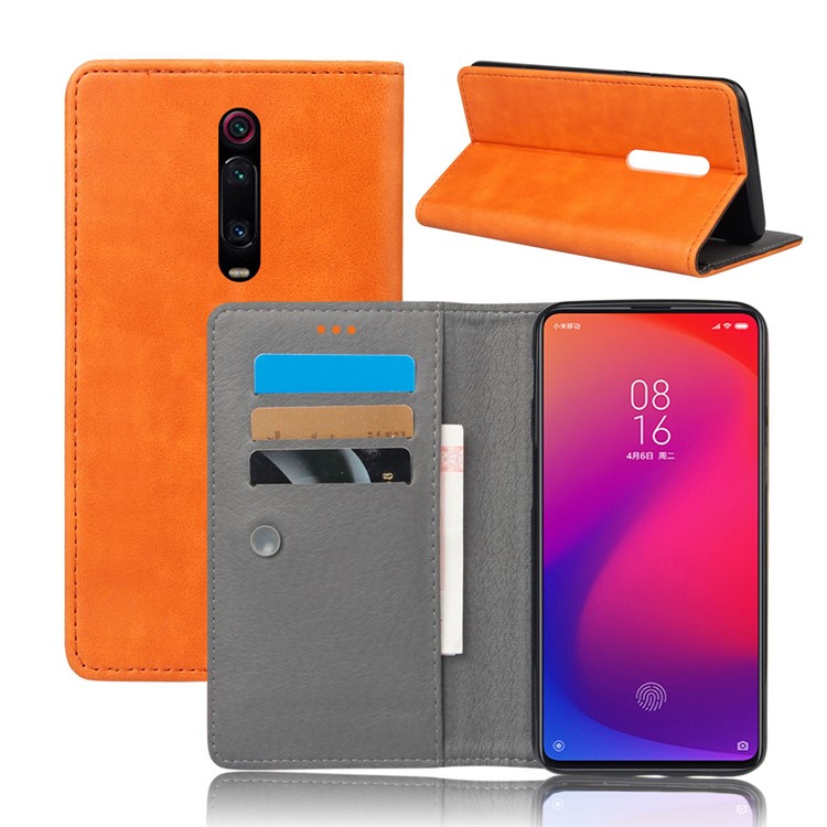 KSQ Sucker Closure Crazy Horse Leather Wallet Case for Xiaomi Redmi K20 / Mi 9T / Redmi K20 Pro / Mi 9T Pro - Orange-1