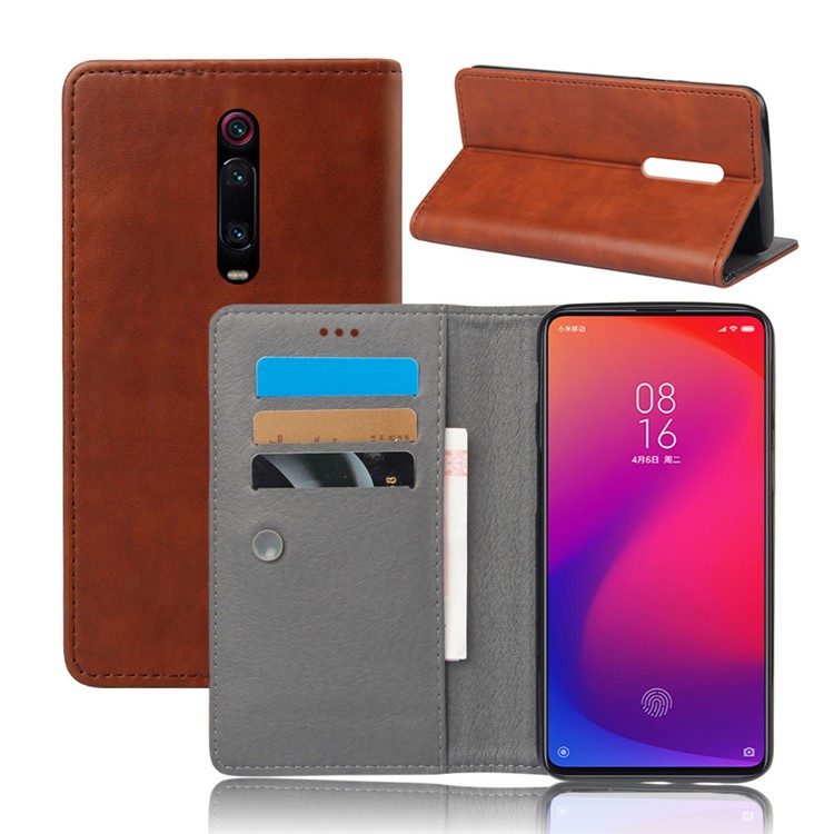 KSQ Sucker Closure Crazy Horse Leather Wallet Case for Xiaomi Redmi K20 / Mi 9T / Redmi K20 Pro / Mi 9T Pro - Brown-1
