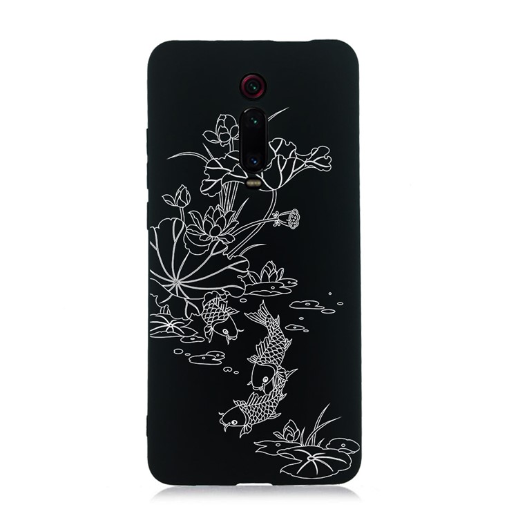 Embossment Style Printing TPU Phone Cover for Xiaomi Redmi K20 / Mi 9T / K20 Pro / Mi 9T Pro - Black / Lotus and Fish-1