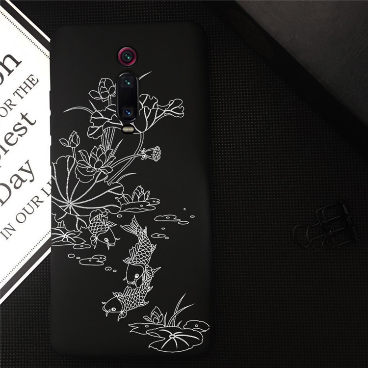 Embossment Style Printing TPU Phone Cover for Xiaomi Redmi K20 / Mi 9T / K20 Pro / Mi 9T Pro - Black / Lotus and Fish-2