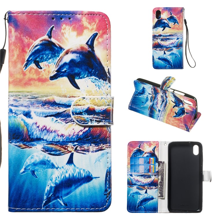 Pattern Printing Leather Wallet Stand Phone Case Cover for Xiaomi Redmi 7A - Dolphin-1