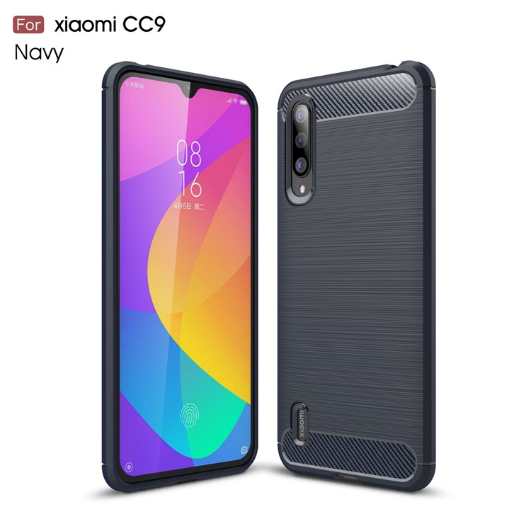 Custodia Per Cellulare Con Rivestimento In TPU Spazzolato In Fibra Di Carbonio Per Xiaomi Mi CC9 - Blu Scuro-1