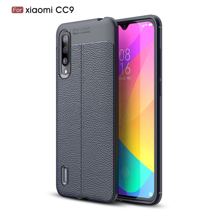 copertura Litchi Per TPU Phone copertura Per Xiaomi Mi CC9 - Blu Scuro-1