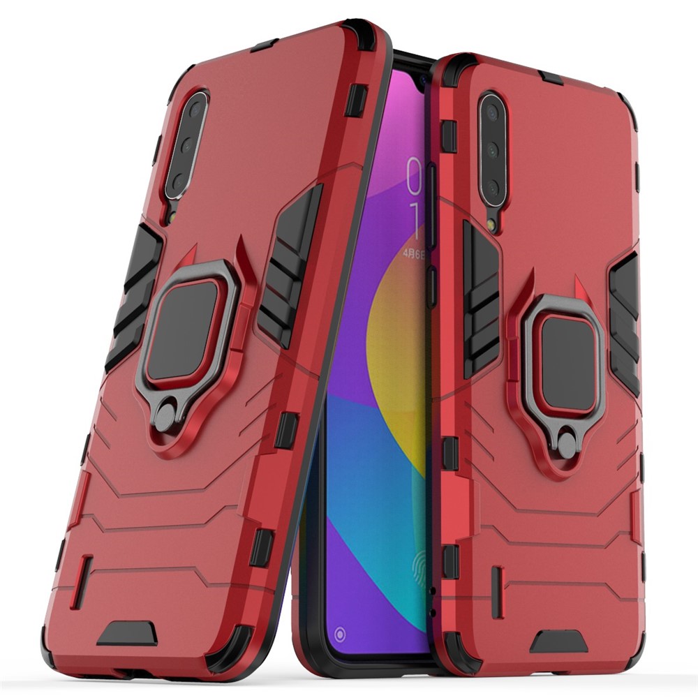 Cool Guard Ring Holder Kickstand Plastic TPU Combo Case Para Xiaomi Mi 9 Lite/ Mi CC9/ mi CC9 Meitu Edição - Vermelho